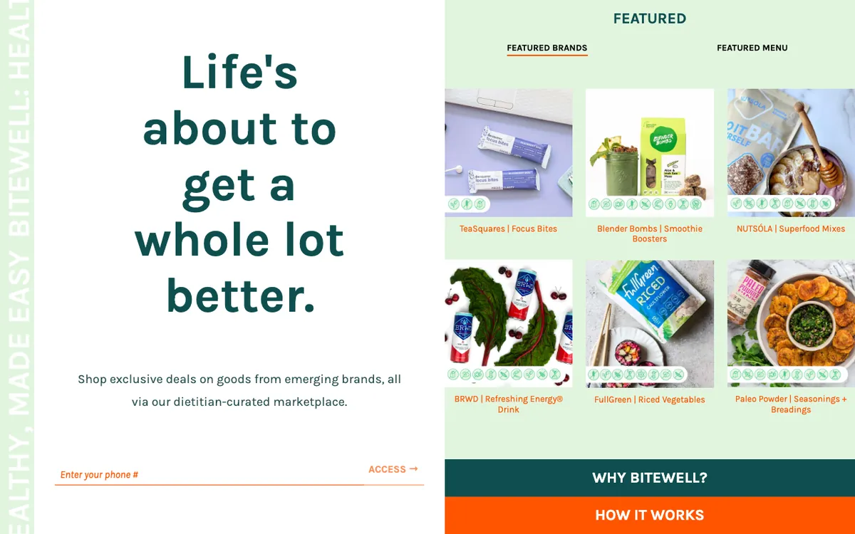 Screenshot of the live Bitewell website